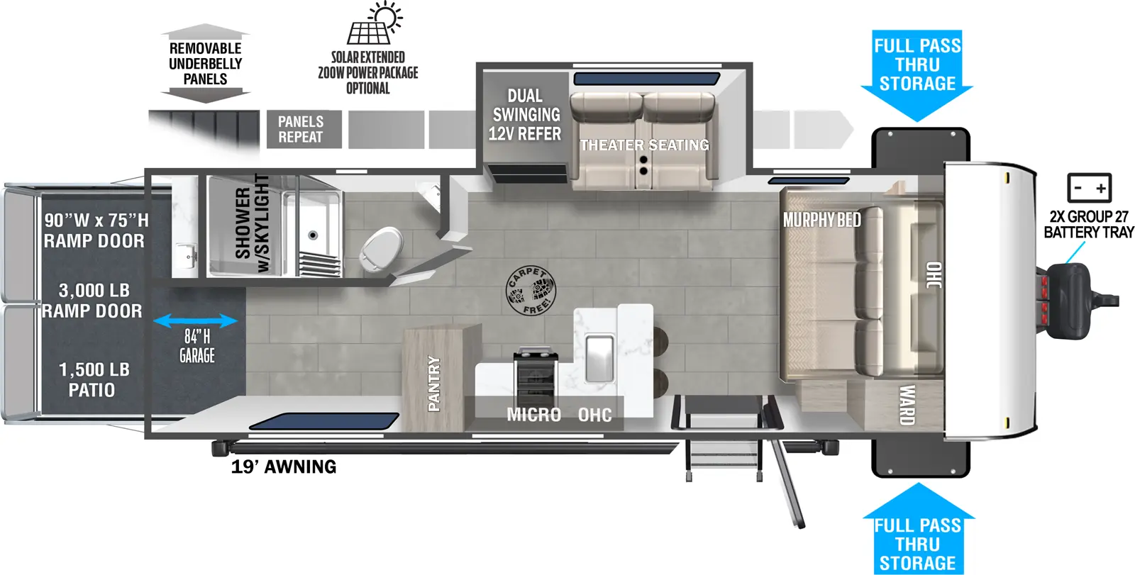 The 245VC has one slideout and one entry. Exterior features removeable underbelly panels, optional solar extended 200W solar package, front pass through storage, 19 foot awning, outside kitchen, aluminum stable step 3-step entry, front 2X group 27 battery tray, and rear ramp door. Interior layout front to back: carpet-free RV; murphy bed with overhead cabinet and wardrobe on each side; off-door side slideout with tri-fold sofa with queen bed, and dual swinging 12V refrigerator; door side entry, peninsula kitchen counter with sink that wraps to door side with cooktop, overhead cabinet, microwave, and pantry; rear off-door side full bathroom with skylight in shower; rear door side garage area. Garage dimensions: 81 inches garage height; 93 inches from ramp door to pantry, 53 inches from door side wall to bathroom wall; 1,500 lb. tie-downs, 3,000 lb 90 inch x 75 inch rear ramp door with 1,500 lb. patio capacity.